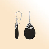 Sterling silver black shell teardrop earrings with scroll accent for women